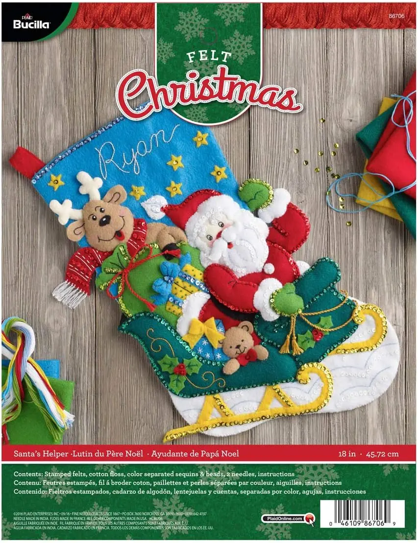 18-Inch Bucilla Cotton Felt Applique Stocking Kit - Santa’s Helper Set, Traditional Christmas Home Decor, Handmade Beads & Embroidery Craft Gift