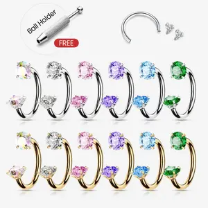 6pcs Value Pack 316L Titanium Steel 18G 1.0mm Internally Threaded Gems Horseshoe Hoop Nose Rings, Nose Piercing Jewelry with Free Ball Holder & Guiding Tube navel Jewelry #summervibes