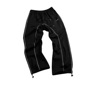 Men’s Wide-Leg Track Pants with Reflective Seams and Adjustable Cuffs for Y2K-Inspired Fits
