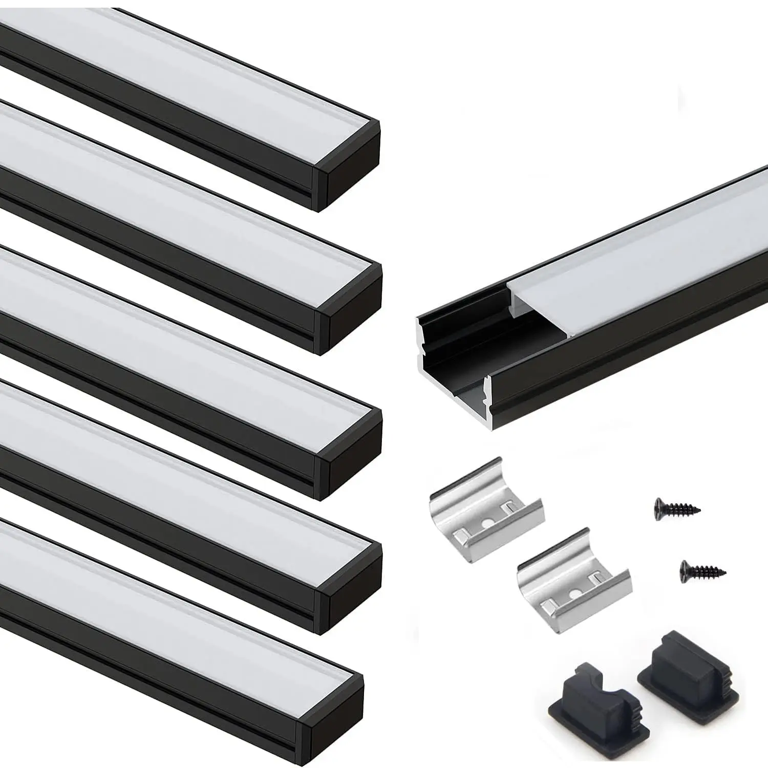 VST 6-Pack U-Shape LED Aluminum Channel with Smoke & Clear Transparent Covers, 3.3ft/1M Easy-to-Cut Diffuser Track for Strip Light Installation, Professional Look Finish