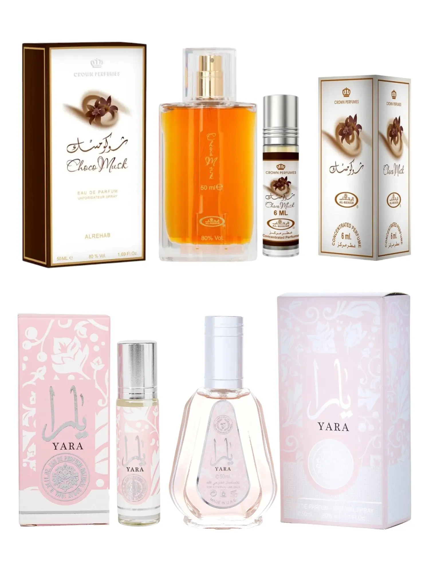 (4pc Bundle Pack) 50ml Choco Musk + 6ml Roll-On by Al-Rehab + 50ml Yara + 10ml Roll-On by Ard Al-Zaafaran