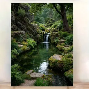 [2D Flat] 1pc Framed Canvas Print - Japanese Garden Waterfall Wall Art with Lush Greenery, 12x16 Inch Modern Minimalist Home Decor for Living Room, Bedroom, Office - Ready-to-Hang Nature-Inspired Painting, 2D Flat, Perfect for Room Decor, Wall Pictur