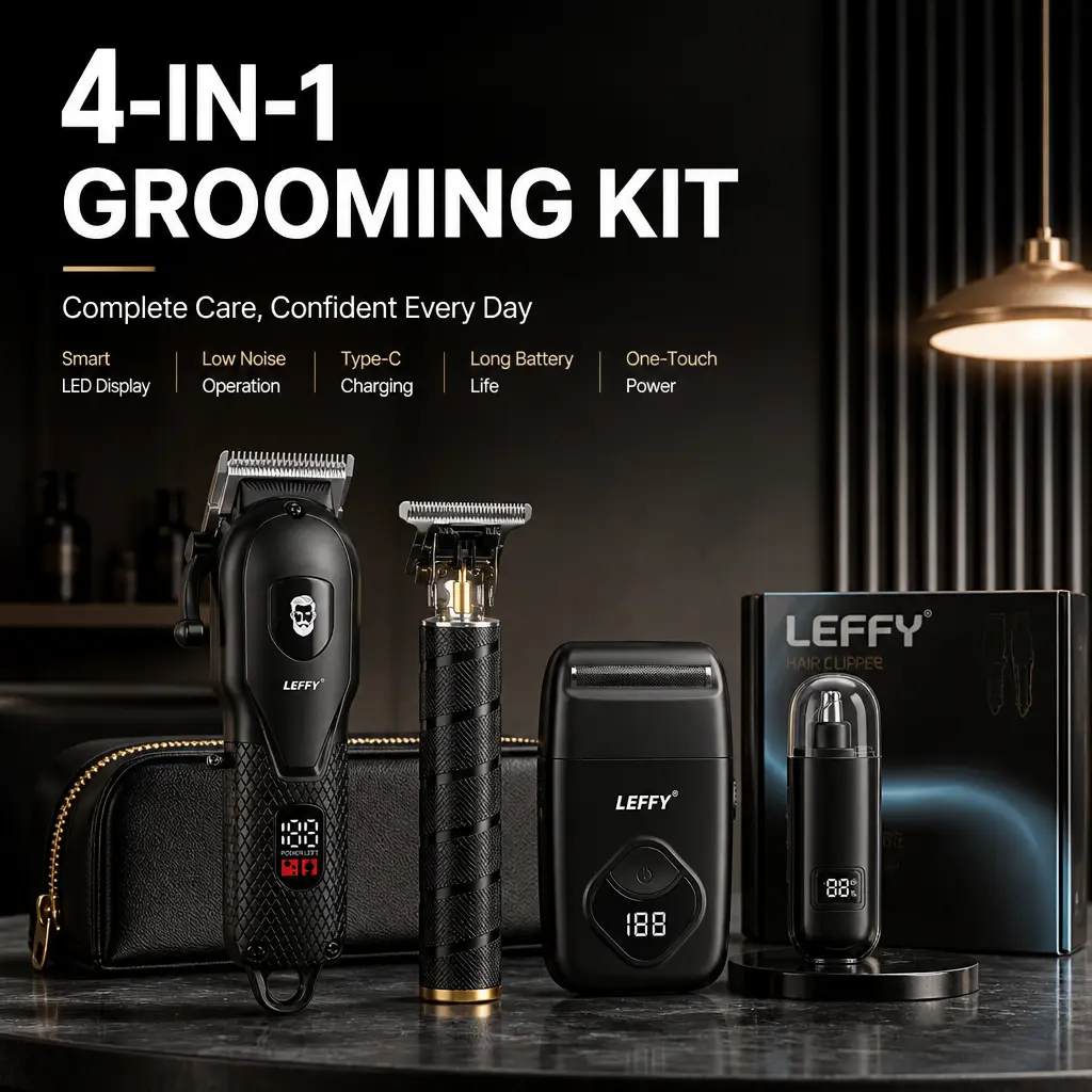LEFFY 2pc/4pc Wireless Electric Hair Clipper Set - 4-in-1 Kit with 0-Gap Trimmer, Nose Hair Trimmer, Mini Electric Shaver, Digital Battery Level Display - Thoughtful Gift for Father's Day, Birthdays, Christmas adjustable blade， full metal body