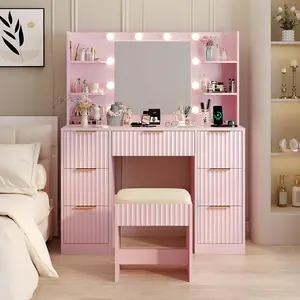 karlhome Pink Modern Fluted Makeup Vanity Desk with Mirror Lights Power Outlet 7 Drawers 4 Shelves Charging Station for Bedroom