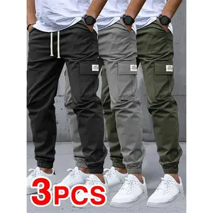 Men’s Casual Solid Color Cargo Pants 3-Pack — multiple flap pockets, drawstring waist; versatile for everyday commuting, outdoor leisure, and work; suitable as a holiday gift fit bottom Beige, Baggy, Street Style