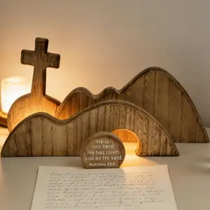 Wooden Empty Tomb Set with Cross, Empty Tomb Easter Scene for Christian Decoration, Easter Resurrection Scene for Religious Display, Tabletop Tray for Home Office Church Shelf Decor