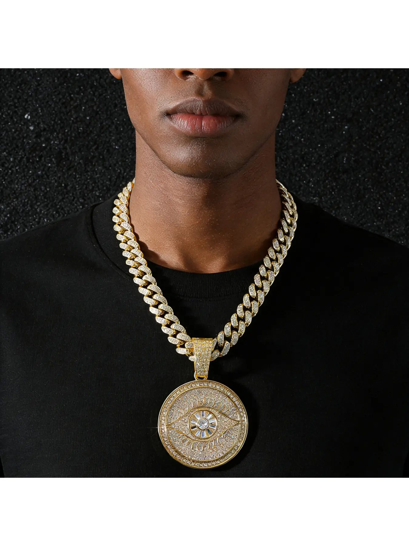 Men's Full Diamond Chain Hip-Hop Style Personalized Devil Eye Round Pendant Bling Necklace Diamond Inlaid