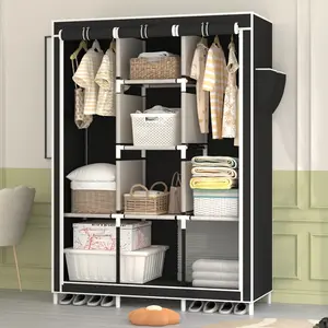 3-Row Portable Fabric Closet Wardrobe with Hanging Rod & 6 Shelves, Non-Woven Clothes Storage Organizer for Home