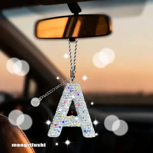Bling Crystal Car Hanging Ornament Rearview Mirror Decoration Gift for Women, Bling Car Accessory, Girly Car Accessories, Customizable Letter Charm Pendant, 26 Alphabet Options, Interior Decoration, Car Interior Decorative, Rhinestone Car Decoration