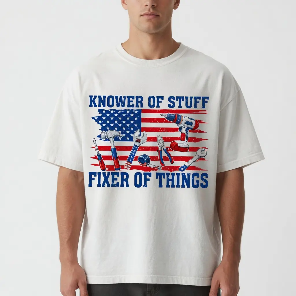 Comfort Colors Knower Of Stuff Fixer Of Things T-Shirt Funny Handyman Dad Graphic Tee Vintage Washed Cream Tee 100% Cotton Unisex S-3XL Father’s Day 4th of July Gift for Dad - Man, Menswear