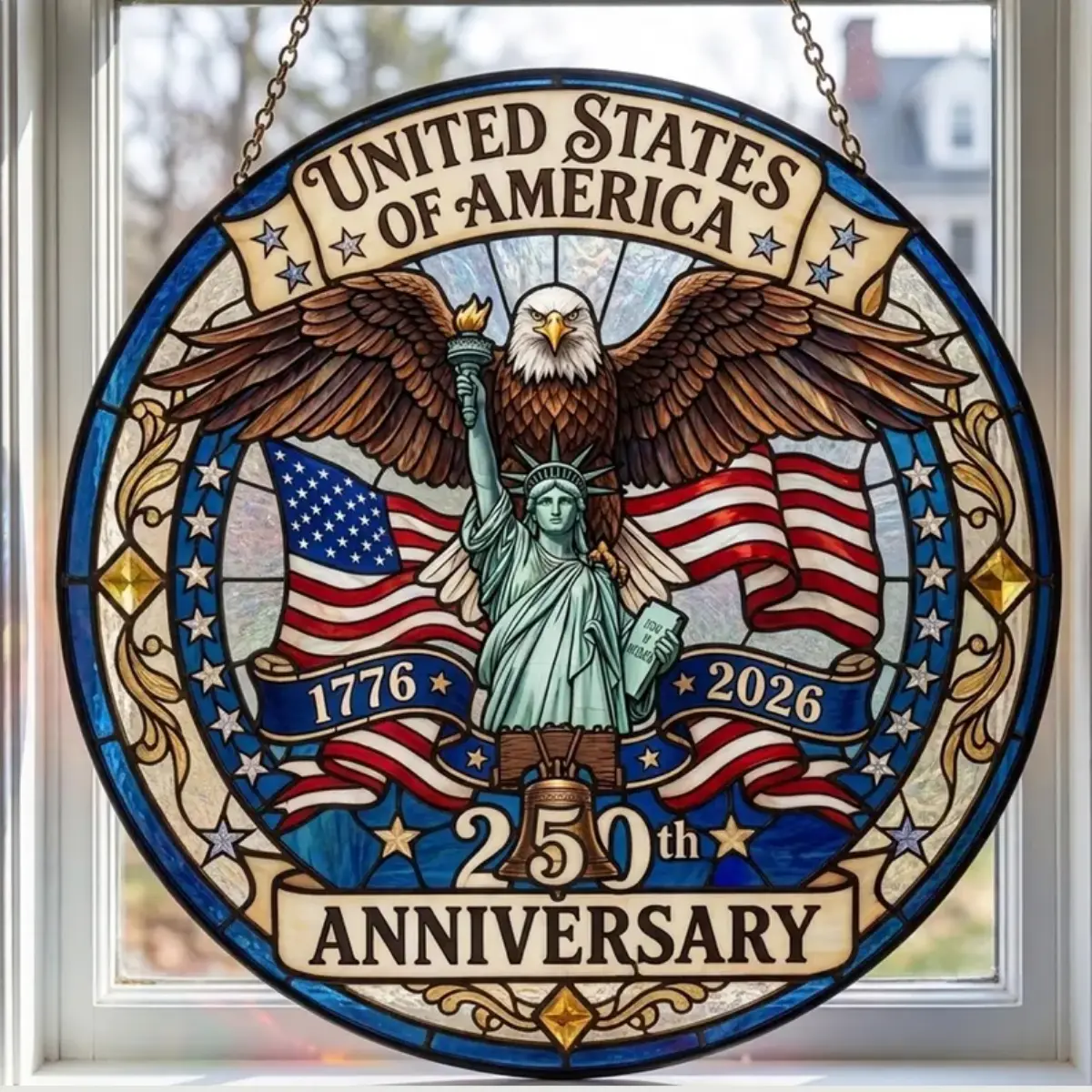 USA 250th Anniversary Stained Acrylic Suncatcher, Patriotic Eagle Window Hanging, Veteran Tribute Gift