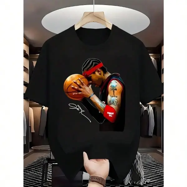 Men's Basketball Graphic T-Shirt - Soft Breathable Fabric Athletic Tee, White Shirt With Dynamic Basketball Player Design For Gym, Casual Outfits - Machine Washable Sports Apparel For Fans, Basketball Shirt, Gym Clothing, Round Neckline Shirt