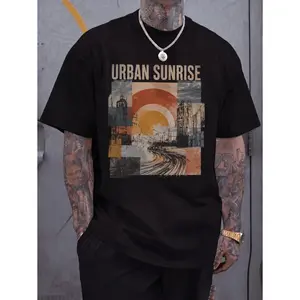 Urban Sunrise Retro Cityscape Graphic Tee Vintage Distressed Printed Tee Streetwear Style Unisex Top Casual Wear Summer Shirt Aesthetic Tee Trendy Design Soft Fabric Style Railroad Tracks Skyline Illustration Muted Orange Blue Beige Color Palette