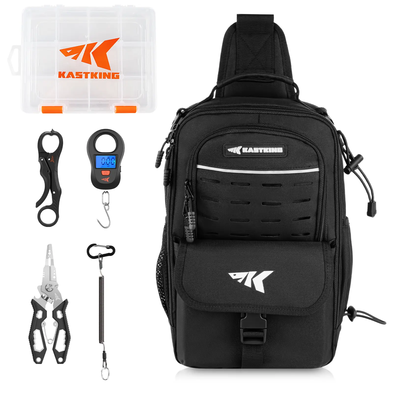 [Back to School Gift] KastKing Everyday Essential Fishing Sling Bag & Tool Set – Waterproof Tackle Box, Fishing Scale, 7” Fishing Pliers & Fish Lip Gripper