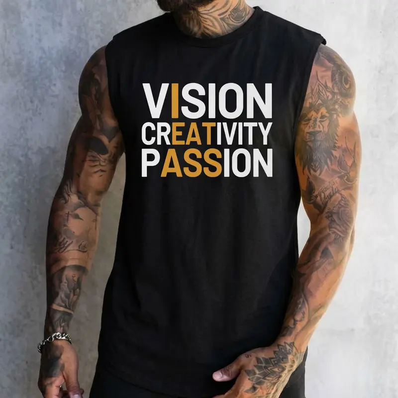 VISION CREATIVITY PASSION Black Print Tank Top- Tattoo Street Wear Casual Cotton Shirt, Unisex, Minimalist Style, Trending for Men & Women