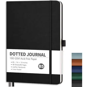 Dotted Journal, B5 Dotted Notebook Journal with 96 Pages, 7.6'' x 10'', Medium Size, 100 GSM Thick Paper, Leather Hardcover,  Journaling, Planning, Tracking (Black)