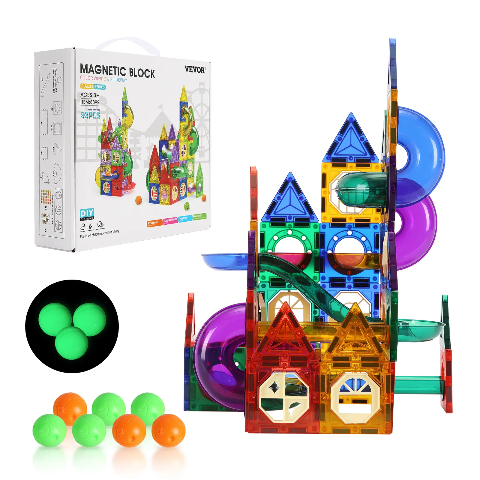 【summerfinds】VEVOR Magnetic Tiles Marble Run, 93 Piece, Magnetic STEM Construction Race Track Tile Game Kit, Children Brain Development Learning Educational Toys, for Toddlers Kids Boys Girls Ages 3+ Years Old, Magnetic Tiles Set