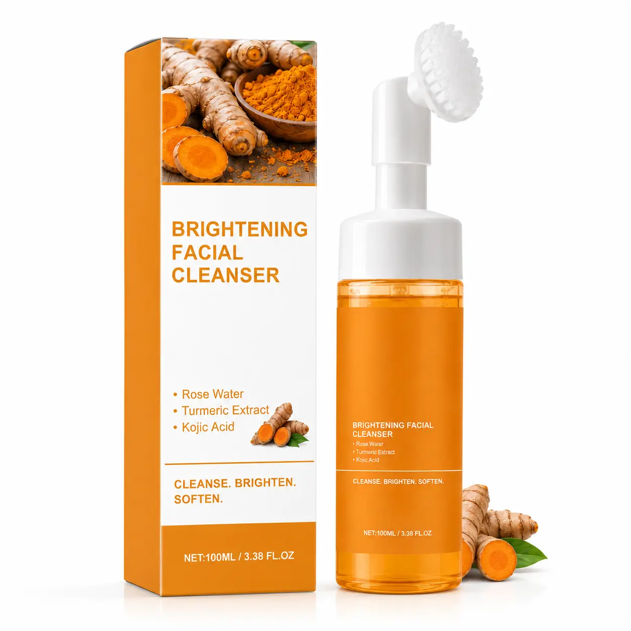 Turmeric & Kojic Acid Foaming Facial Cleanser 100ml with Built-In Silicone Brush, Gentle Brightening Face Wash with Rose Water for Daily Skincare