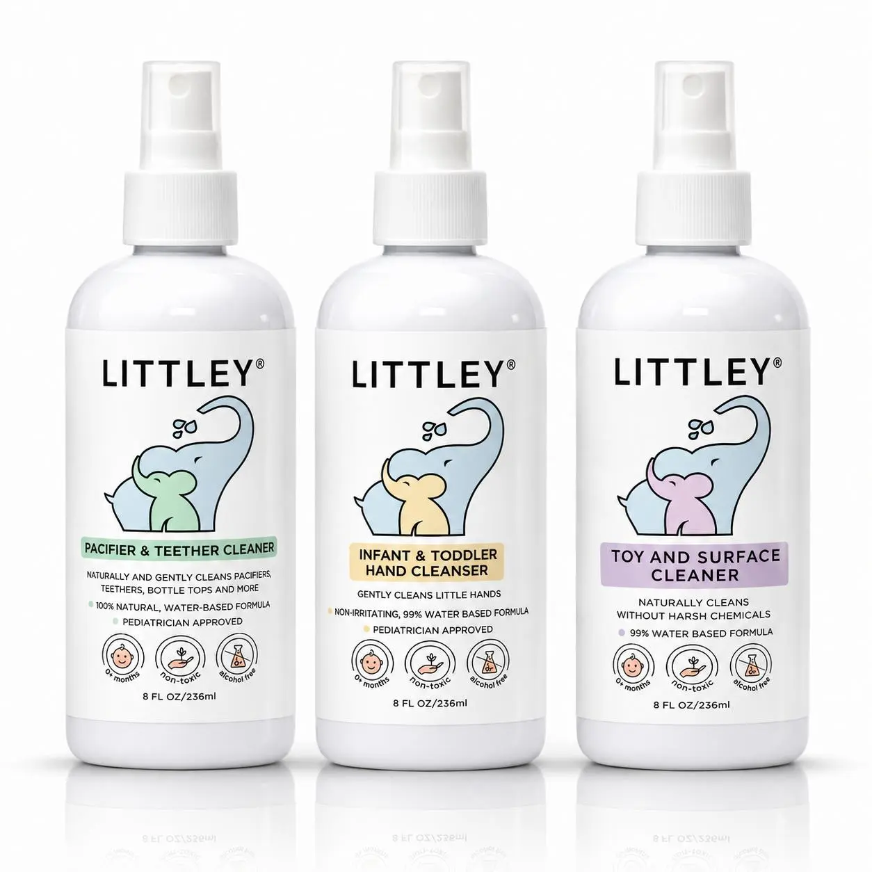 Littley full-size 8oz starter pack | hand cleanser, toy & surface cleaner, pacifier & teether cleaner | baby essentials 3-pack