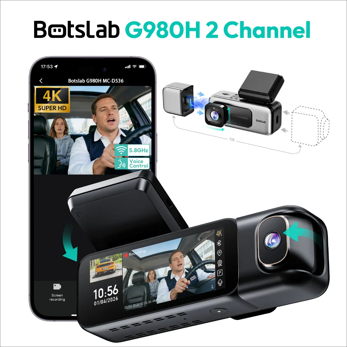 Botslab 2 Channel 4K Dash Cam with 3.18" Touch Screen, Sentry Mode, 24/7 Parking, Built-in GPS, 5.8G WiFi, Night Vision, Voice Control, 128GB Card Included