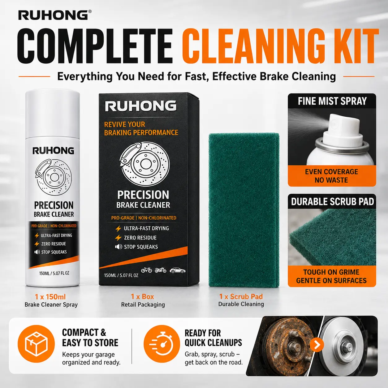 Non-Chlorinated Brake Cleaner Spray, Fast-Drying Auto Detailing Fluid for Wheels, Rims, Rotors, Calipers, 0-Residue Oil & Grease Remover
