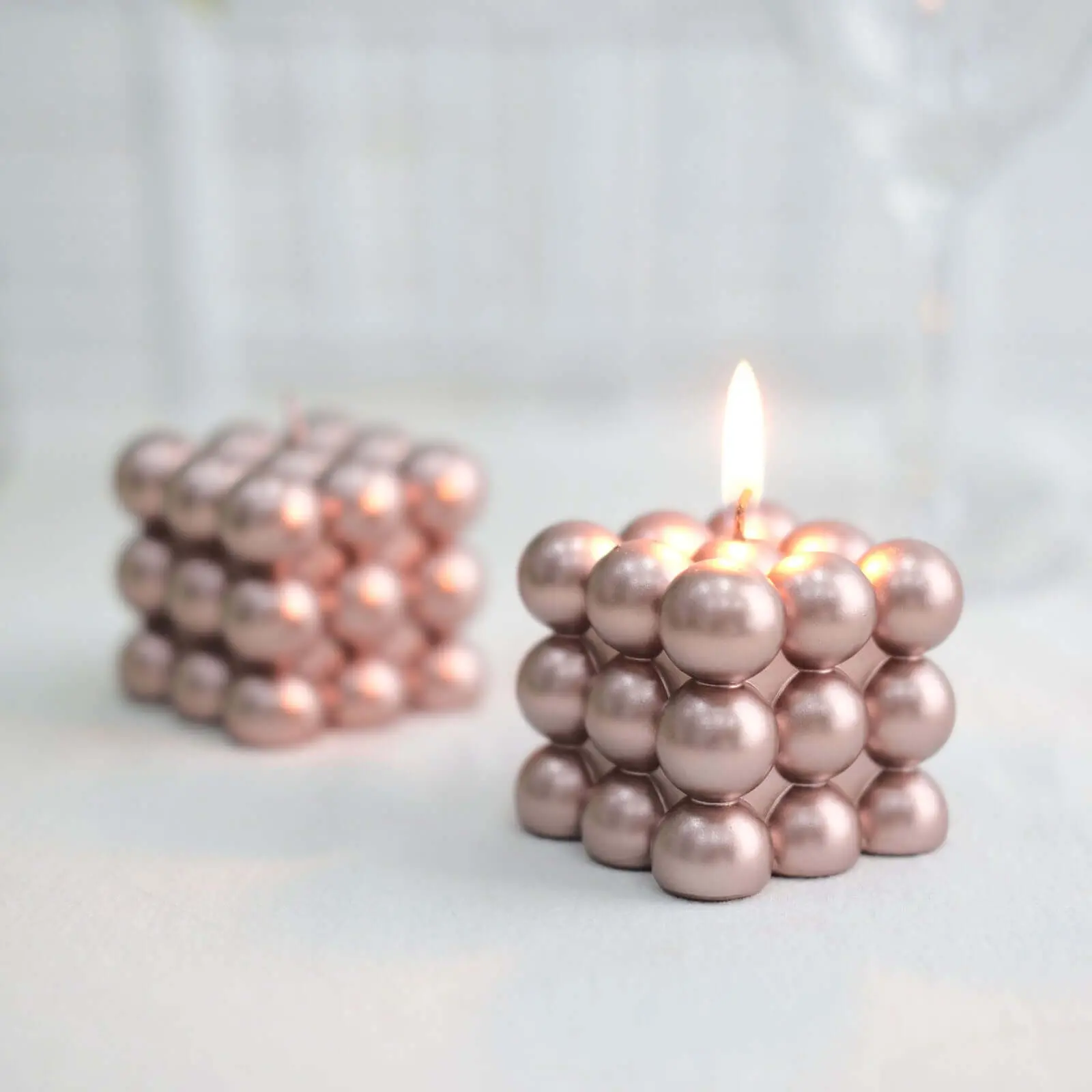 Rose Gold Paraffin Wax Pillar Candles - 2-Pack, 2" Bubble Cube Design, Unscented, Long-Burning Household Candles for Home Decoration, Churches, Paraffin Wax Candles