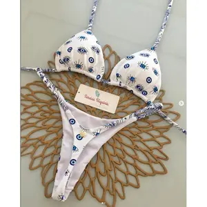 Women's 2-Piece Halter Bikini Set - Playful Print Lace-Up Halter Top, Thong Bikini Bottom, Polyester Quick-Drying Flattering Cut Beach Swimwear for Sports & Outdoor Use