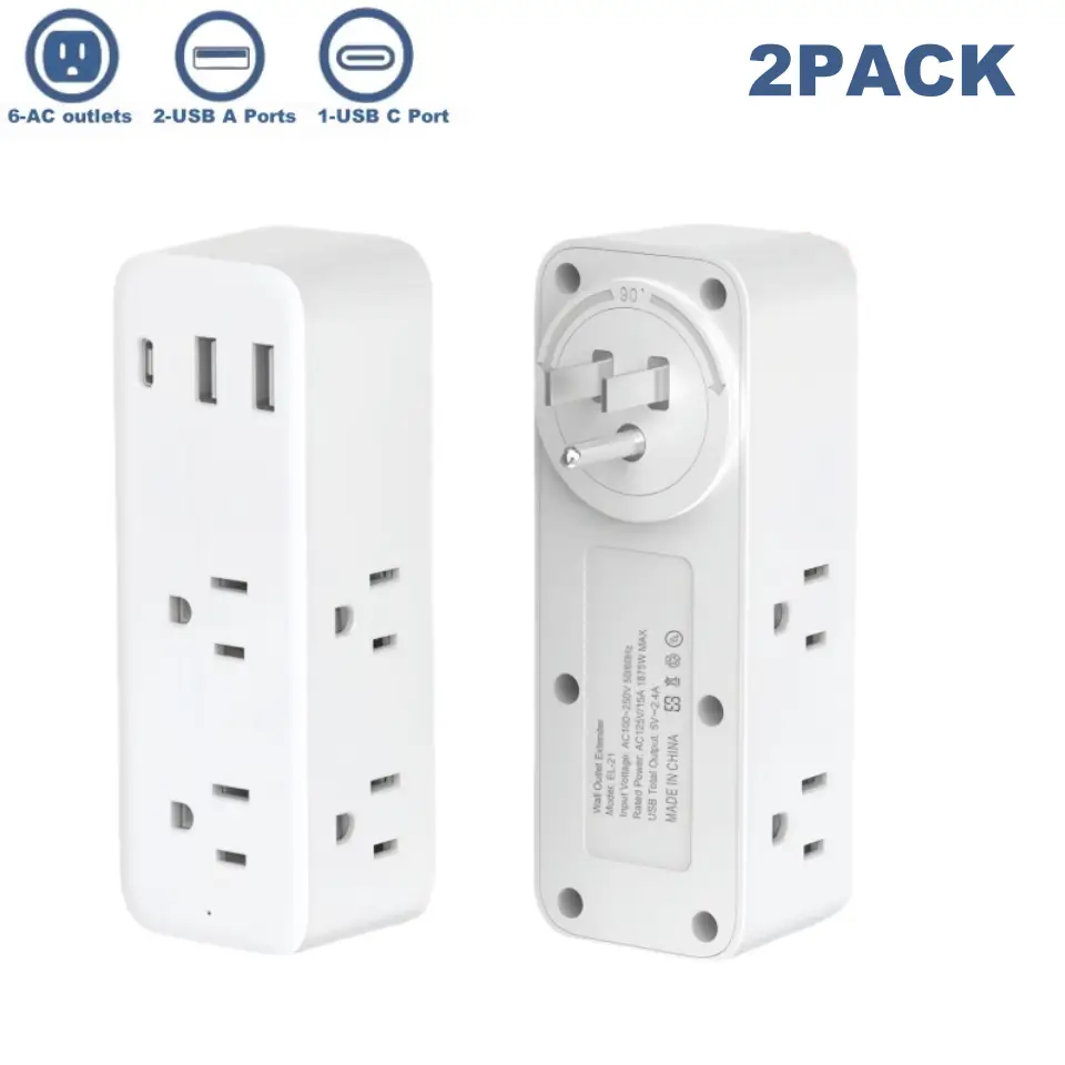 Rotating Plug Power Strip, 6 AC Outlets & 3 USB Ports (1 USB C), Swivel Wall Charger Station, Surge Protector Multi Plug Extender For Home Office Trav