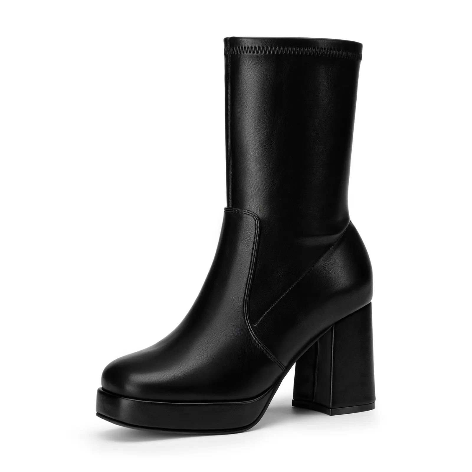 Athlefit Women's Platform Mid-Calf Boots, 3.25-Inch Chunky Block Heel, Patent/PU Leather, Stretch Shaft, Side Zipper, Soft Cushioning for Work, Party