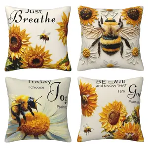 Jesus Christian religious pillow cover, summer bee sunflower pattern, oil painting style decorative cushion, Catholic home sofa decoration, 4-piece set with double-sided printing, Home Textile