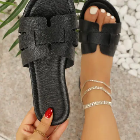Minimalist Temperament Plain Braid Design Leather Rubber Slip on Flat Sandals, Casual Non-slip Stylish All-match Flat Sandals for Summer Daily Wear, Casual Summer Footwear