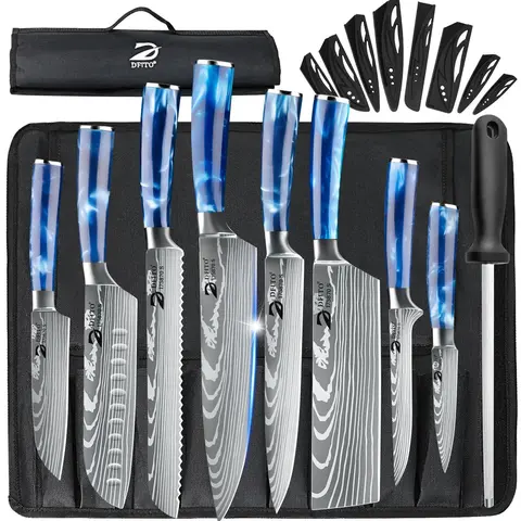 【Black Friday】 8PCS Rustproof Scratch-Resistant Stainless Steel Japanese Damascus Pattern Kitchen Knives Set - German Engineering, Antitarnish Glossy Finish, Professional Chef Blade, Cleaver for Restaurant, Home Kitchenware Cutting Kit