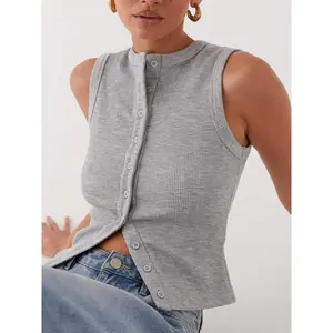 Women's Plain Button Front Ribbed Tank Top, Casual Sleeveless Round Neck Top for Daily Wear, Ladies Clothes for All Seasons