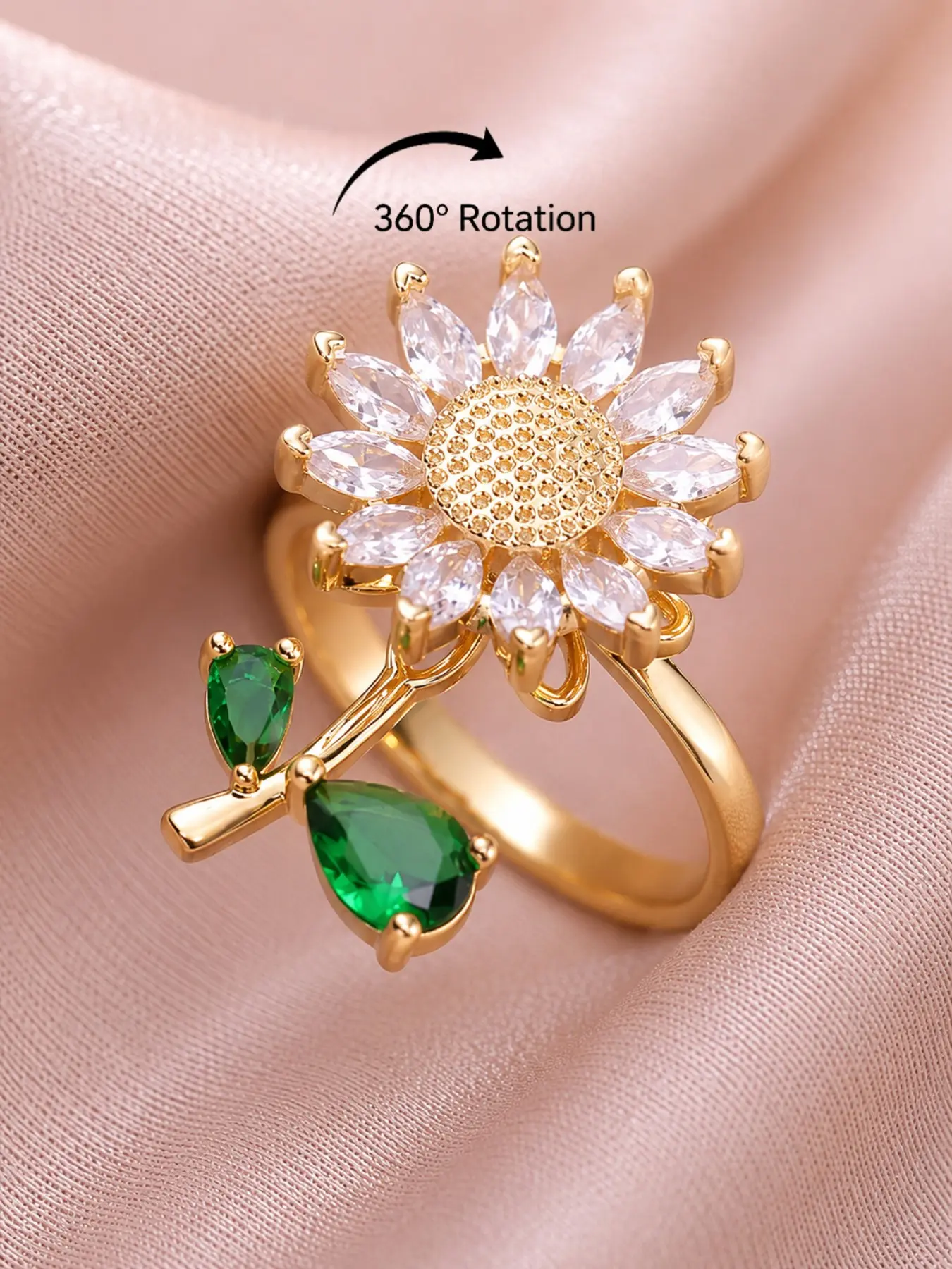 Cute Sunflower Spinning Ring Green Leaves Fidget Anxiety Relief Ring Crystal Flower Fashion Jewelry Beautiful Rings Gift for Women Mom Sunflower Spinner Ring