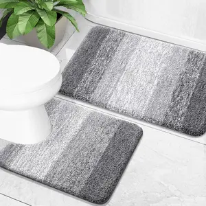 2 Piece Non-Slip Bathroom Rug Set - Soft Absorbent Plush Shaggy Microfiber Bath Mats & U-Shaped Contour Toilet Rug, Machine Wash Dry, Grey 24"x16"+24"x20"