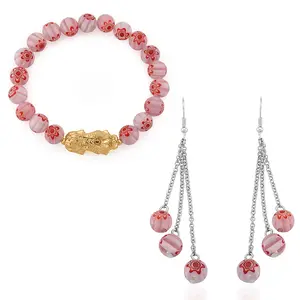 Shop LC Pink Color Murano Style Beaded Stretch Bracelet with  Charm and Dangling Earrings in Goldtone and Stainless Steel