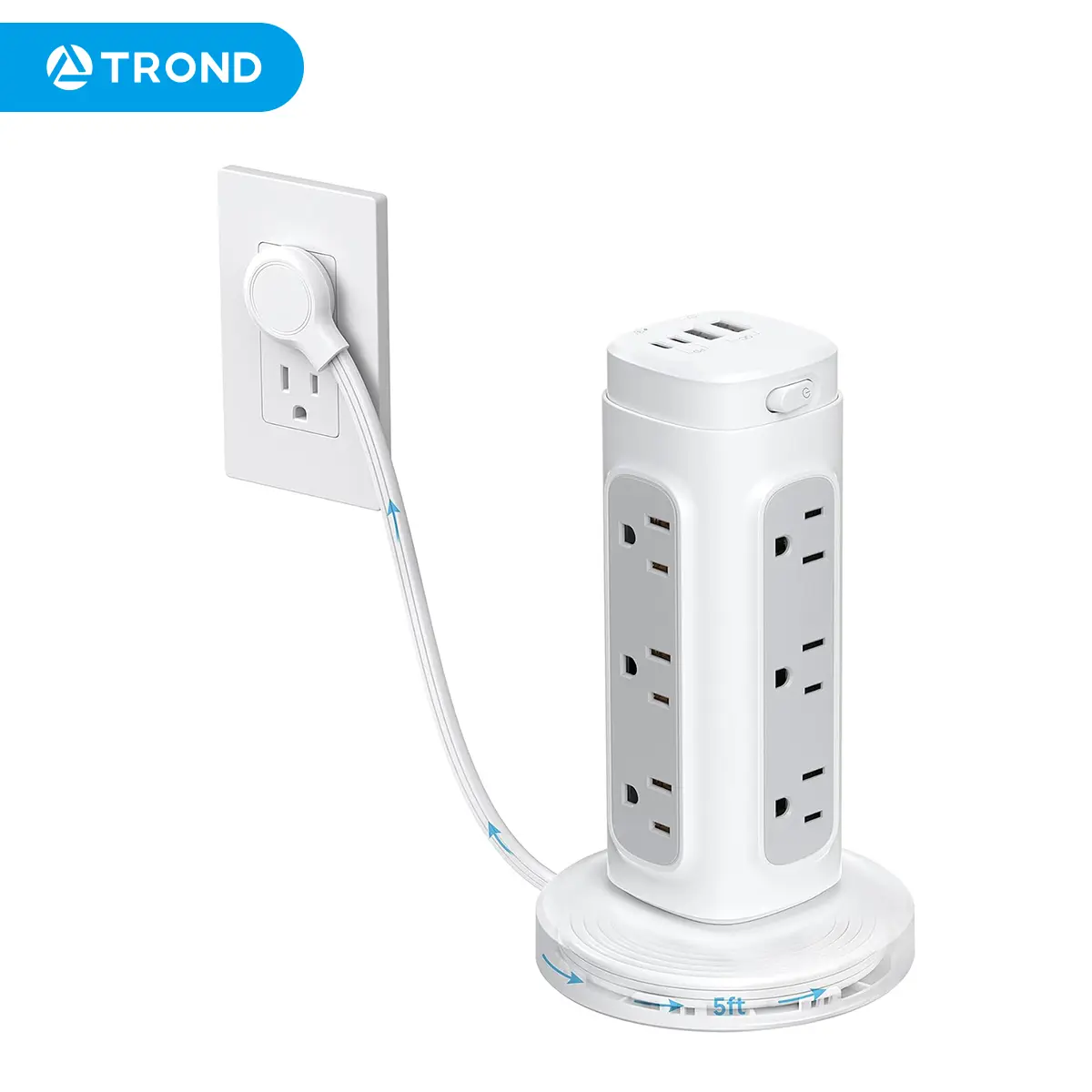 TROND Space Saving Retractable Power Strip Tower Surge Protector, 12 Outlets + 4 USB(20W PD USB-C Fast Charging), 5 Feet Flat Plug Cord,1700J Surge Protector for Bedroom Dorm Desktop