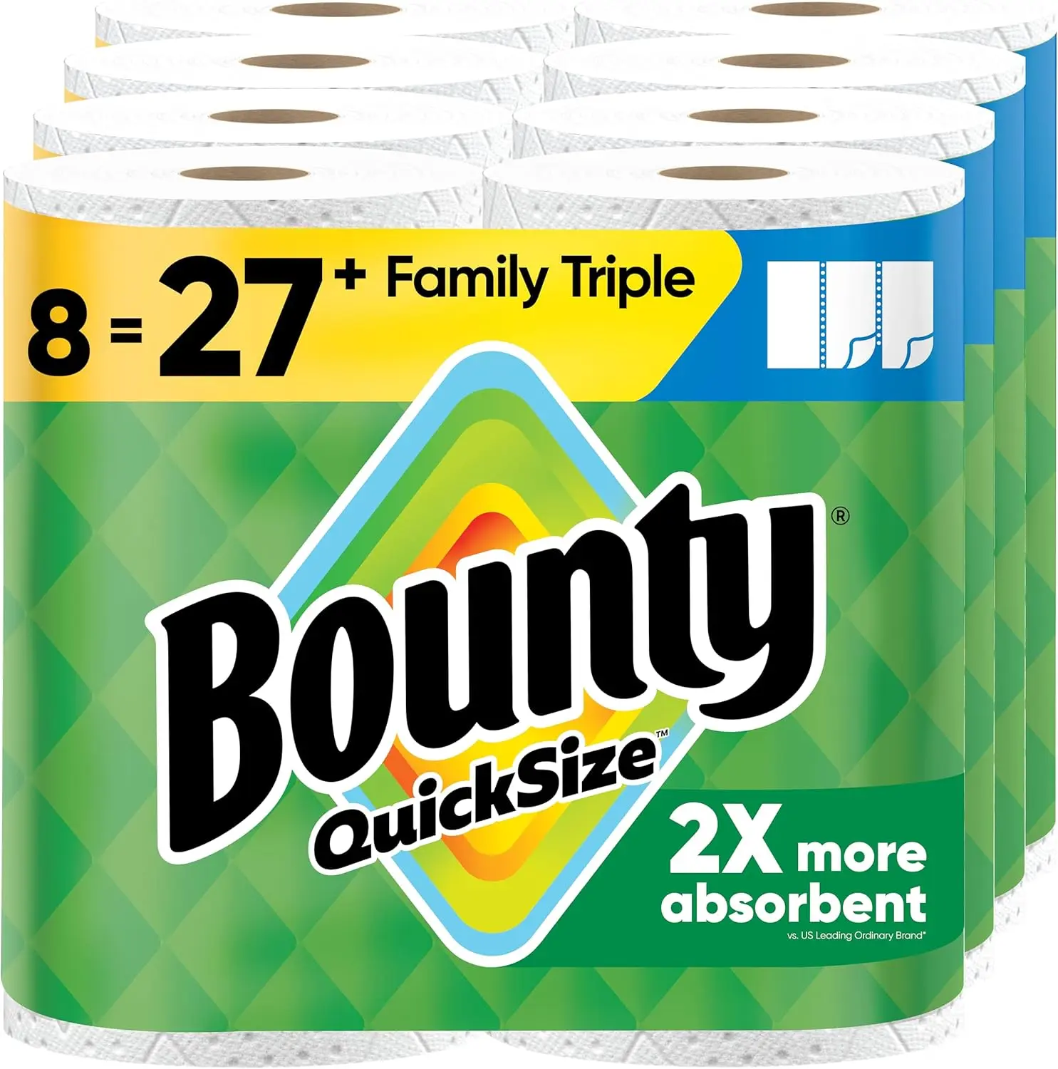 White 2-Ply Kitchen Paper Towels, Quick-Size Multifold Sheets, 8 Family Triple Rolls (Equals 27 Regular Rolls) with More Sheets, Fast Absorption for Kitchen Mess Cleanup