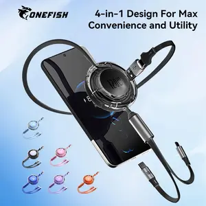 One Fish Retractable Fast-Charge Cable 4-in-1 for/iPhone/Samsung/Google/Tablets/iPad with 4'Stretch,Stretches Up to 120cm, Charger Adapter.