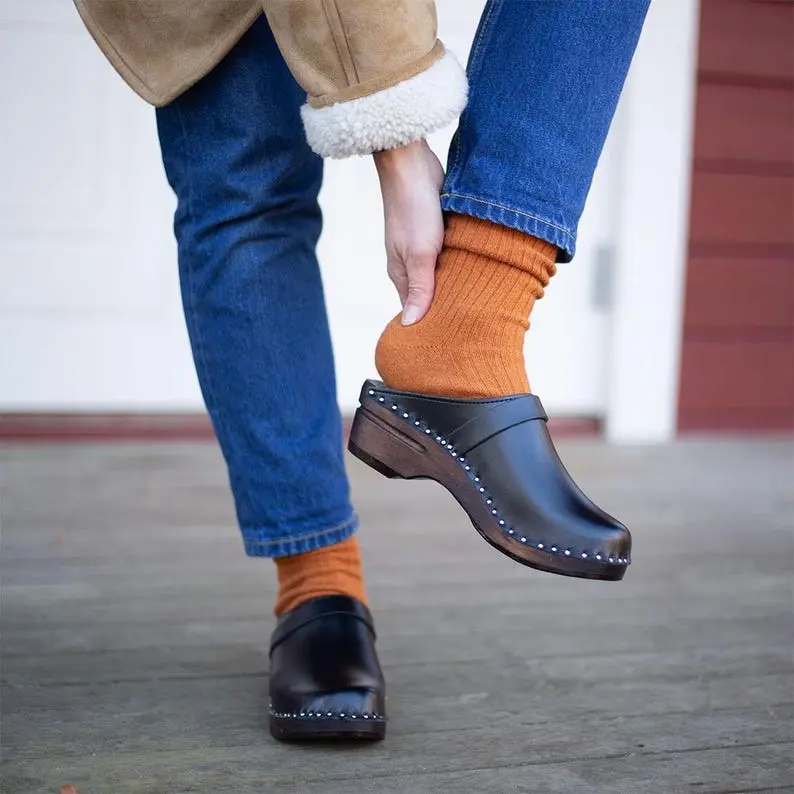 Swedish Black Clogs, Classic Leather Mules, Unisex Wooden Clogs, Dark Wood Clogs, Bastad Troentorp Clogs for Men and Women