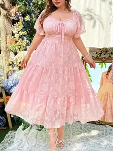 Plus Size Summer Dress, Round Neck Vintage Floral Design, Elegant Romantic Aesthetic Style, Perfect Beach Vacation Choice, Women's Fashion Clothing, Womenswear