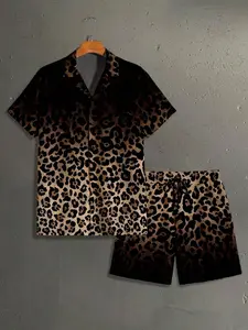 Men's Ombre Leopard Print Oversize Shirt & Shorts Set - Full Print Casualwear