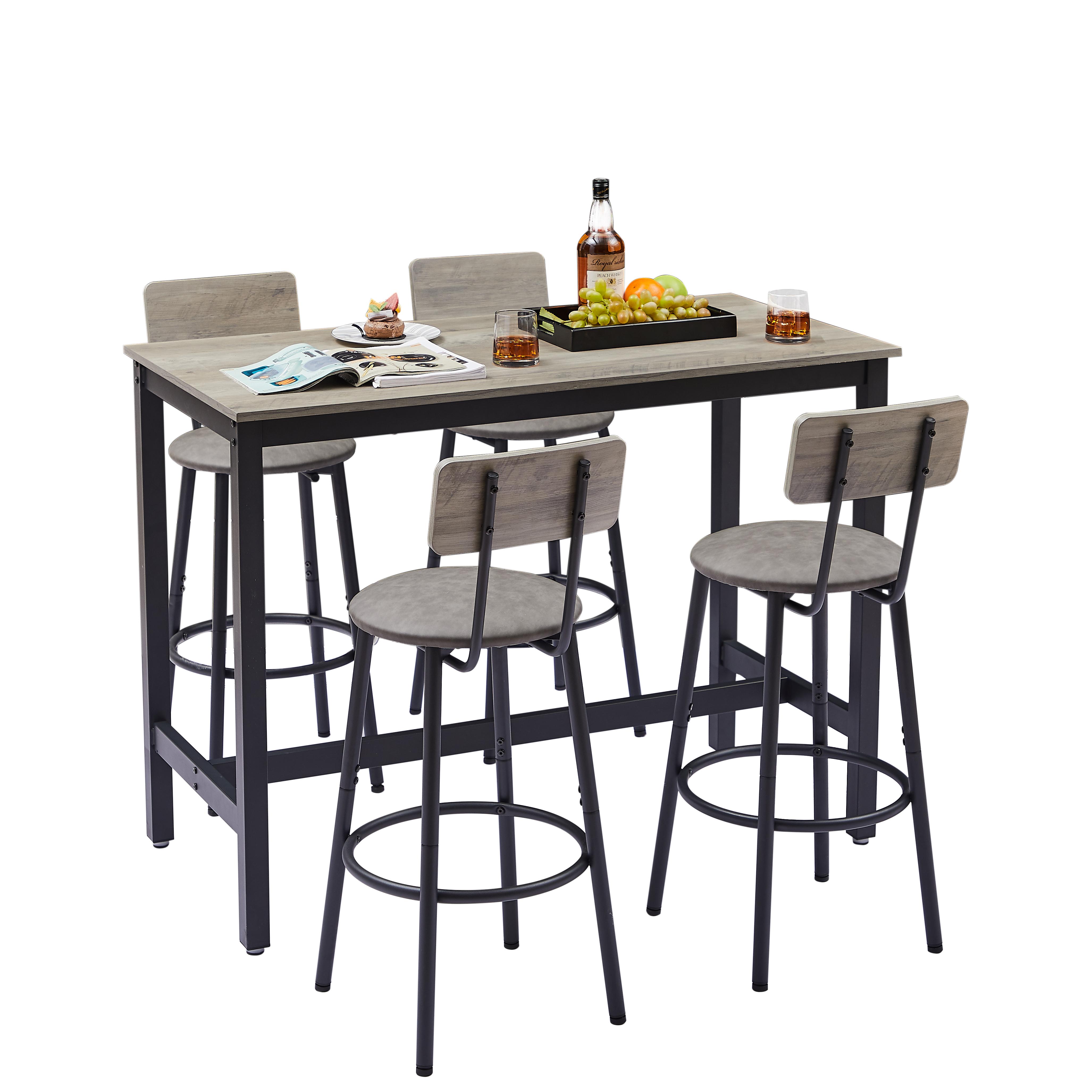 4-Piece Bar Table Set, PU Upholstered Stools 13.4" with Wood Backrest & Footrest, Rustic Grey Table, Black Iron Frame, Space-Saving, 350 lbs, for Kitchen Apartment