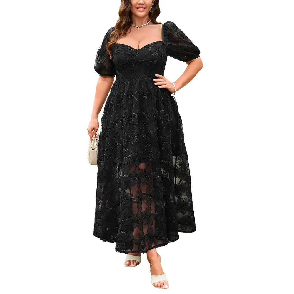 EYWOL Plus Size Floral Embroidered A-Line Dress M-3XL for Curvy Women, Black Lace Puff Sleeve Cocktail Party Gown, High-Waist Hidden Tummy, Formal Wedding Guest Dress - Womenswear, Workwear