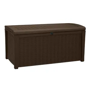Keter Borneo 110 Gallon Rattan Wicker Resin Patio Deck Storage Box Bench Organiser Plastic Modern Home Outdoor Furniture with Easy Opening Mechanism - Seat