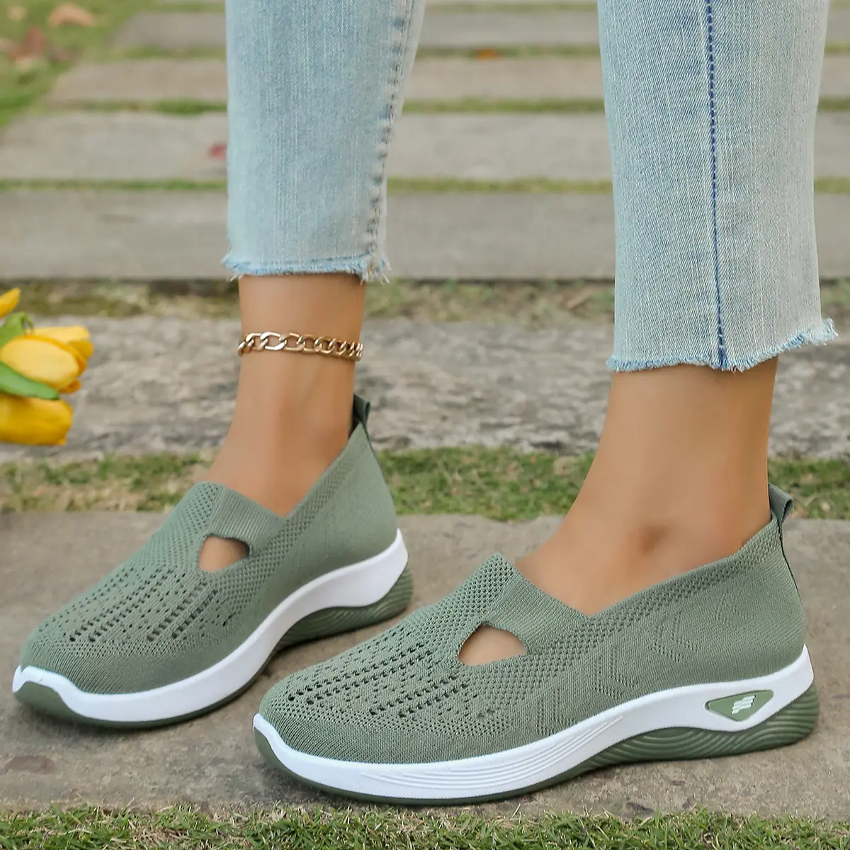 OFIREND Women's Casual Fashion Shoes - Low Top Ankle Slip-On, Breathable Mesh Braid Fabric, Lightweight Hollow Knit Plaid, Round Toe, Cushioned Sole Adds Steady Support, Plus Size Outdoor Walking Summer Trainers