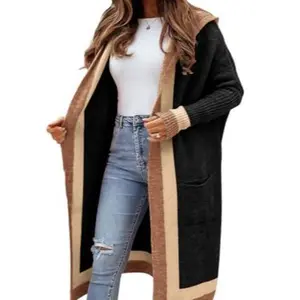 Chouyatou Women's Color Block Vertical Striped Open Front Oversized Hooded Long Cardigan Sweaters with Pockets Knitwear Tops