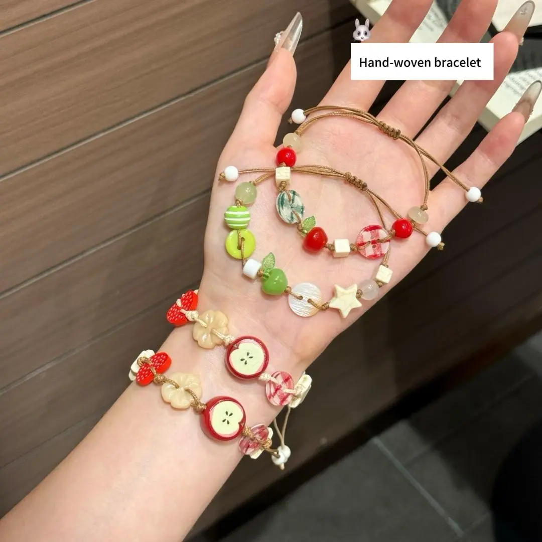 Women's Handwoven Elegant Ceramic Fruit Bracelet - Adjustable, Personalized Button-Style Bangles with Bright Apple, Star Charms, Adults' Gift for Anniversary, Birthday, 2026 Valentine's Day