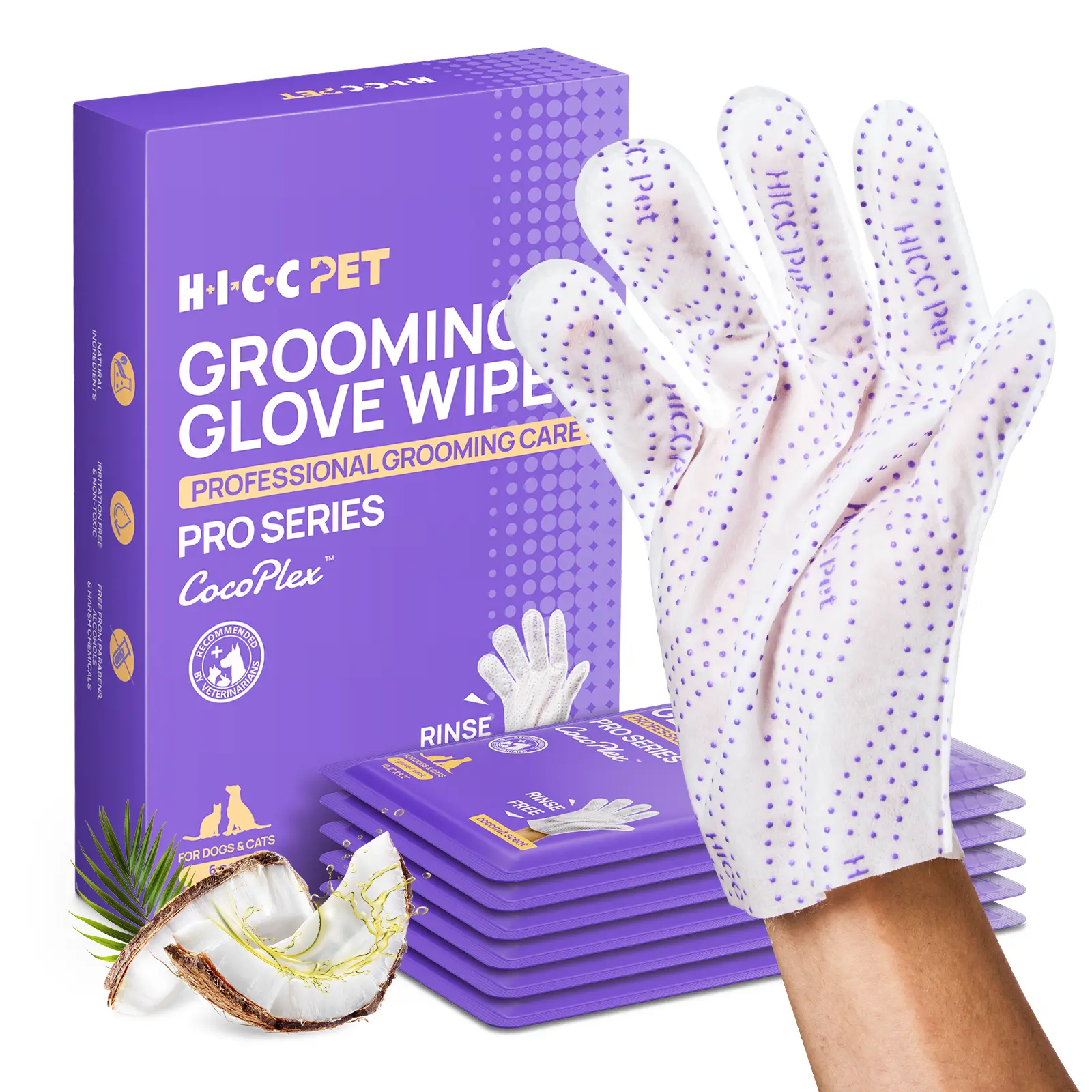 HICC PET Deshedding Grooming Wipes for Dogs & Cats, Coconut Oil Glove Wipes Travel Pack (6 Pcs) - Hypoallergenic, Disposable, No-Rinse, Gentle Odor Removal Skin Soother for Quick Paws Care #petlife