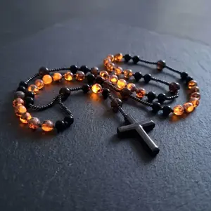 Easter Natural Obsidian Yooperlite Rosary Necklace UV Reactive Protection Necklace Hematite Stone Cross Pendant Necklace Gift for her, gift for him